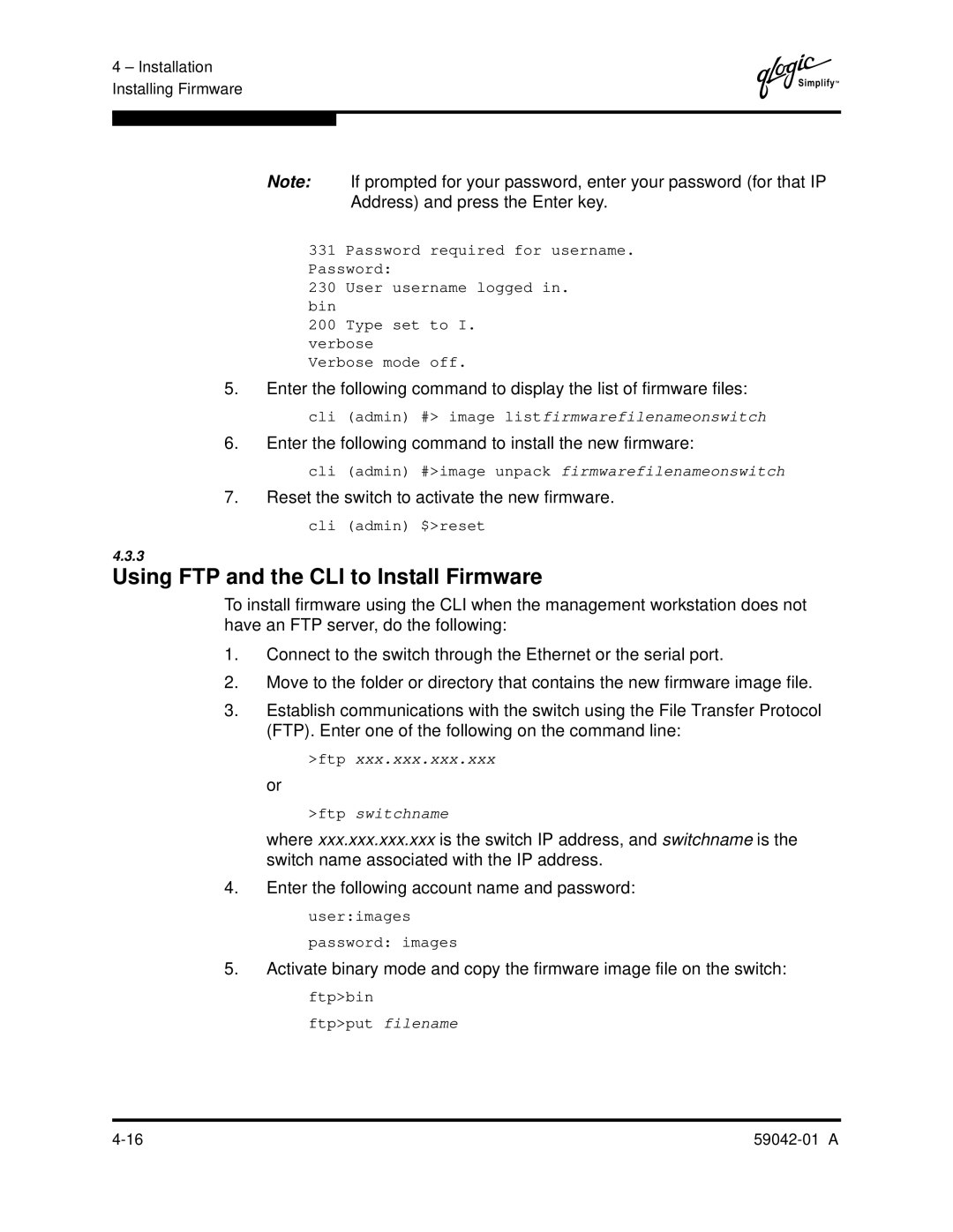 Q-Logic 8C manual Using FTP and the CLI to Install Firmware, Enter the following command to install the new firmware 