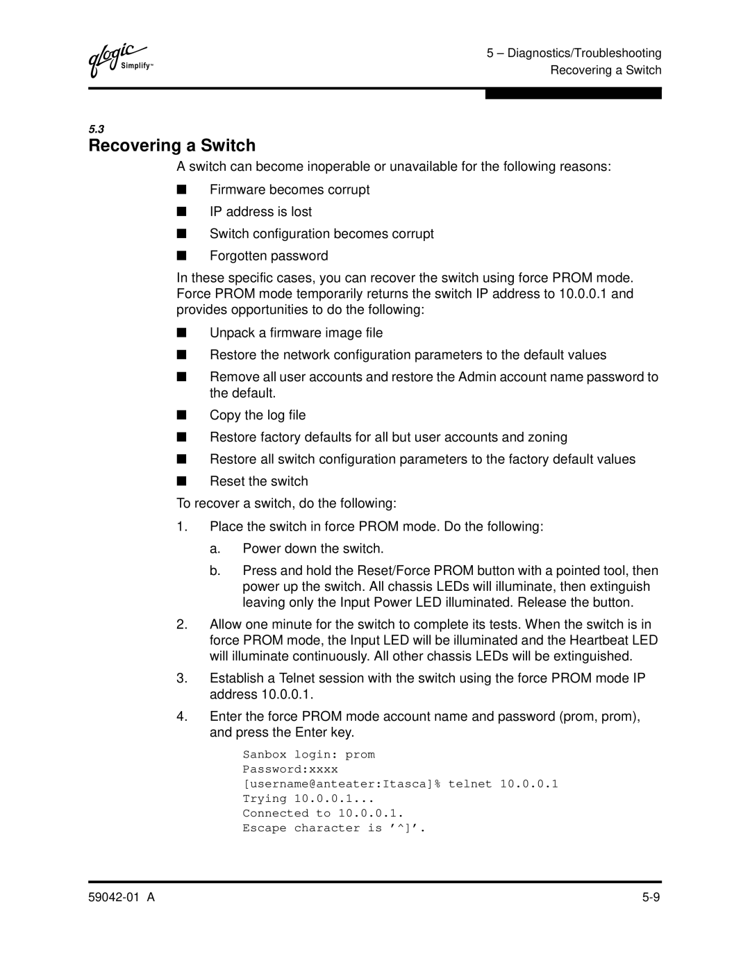 Q-Logic 8C manual Recovering a Switch 