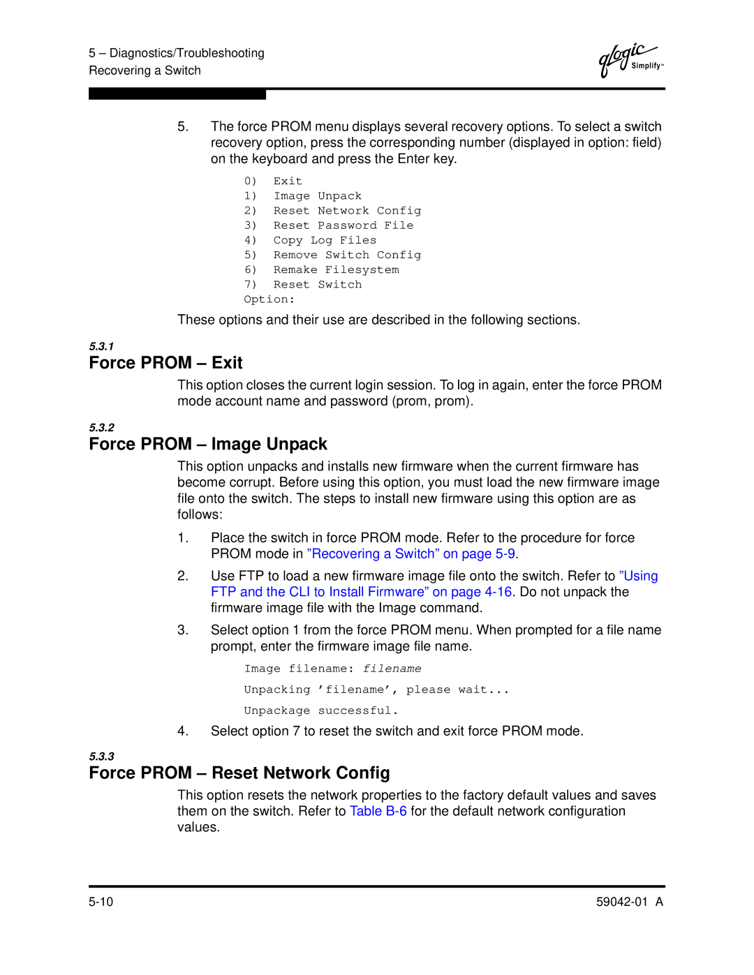 Q-Logic 8C manual Force Prom Exit, Force Prom Image Unpack, Force Prom Reset Network Config 