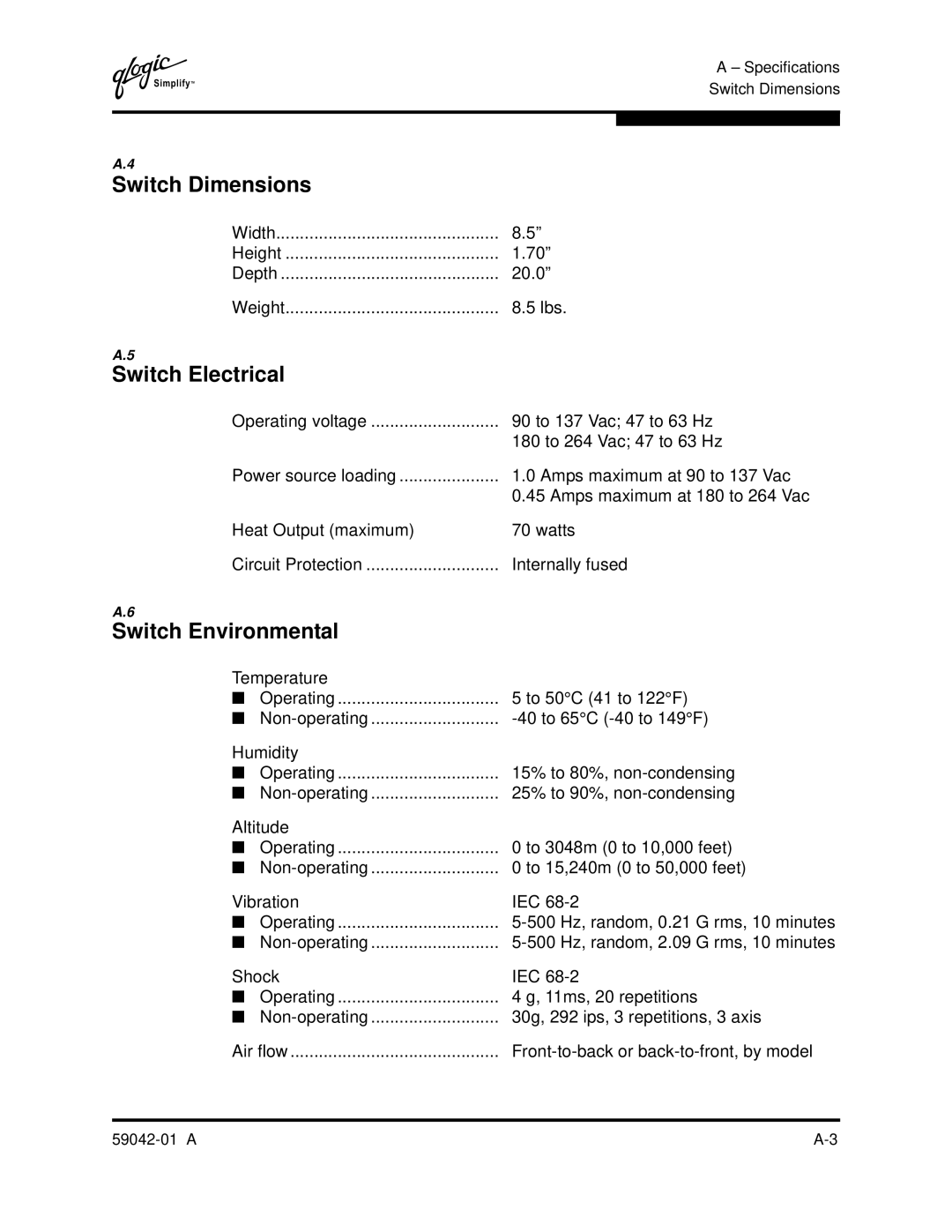 Q-Logic 8C manual Switch Dimensions, Switch Electrical, Switch Environmental, Width Height Depth 20.0 Weight Lbs 