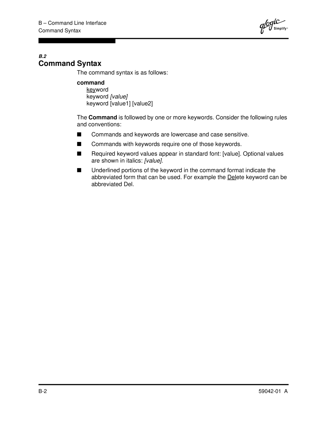 Q-Logic 8C manual Command Syntax, Command syntax is as follows, Command keyword keyword value 