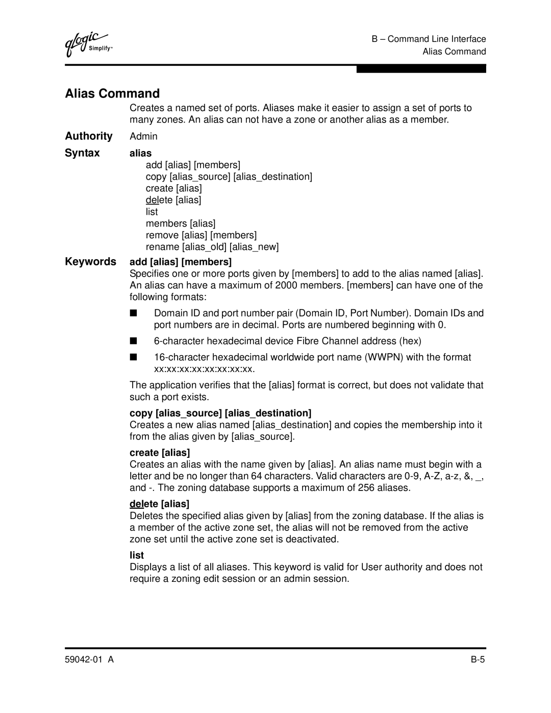 Q-Logic 8C manual Alias Command, Authority Admin Syntax alias 