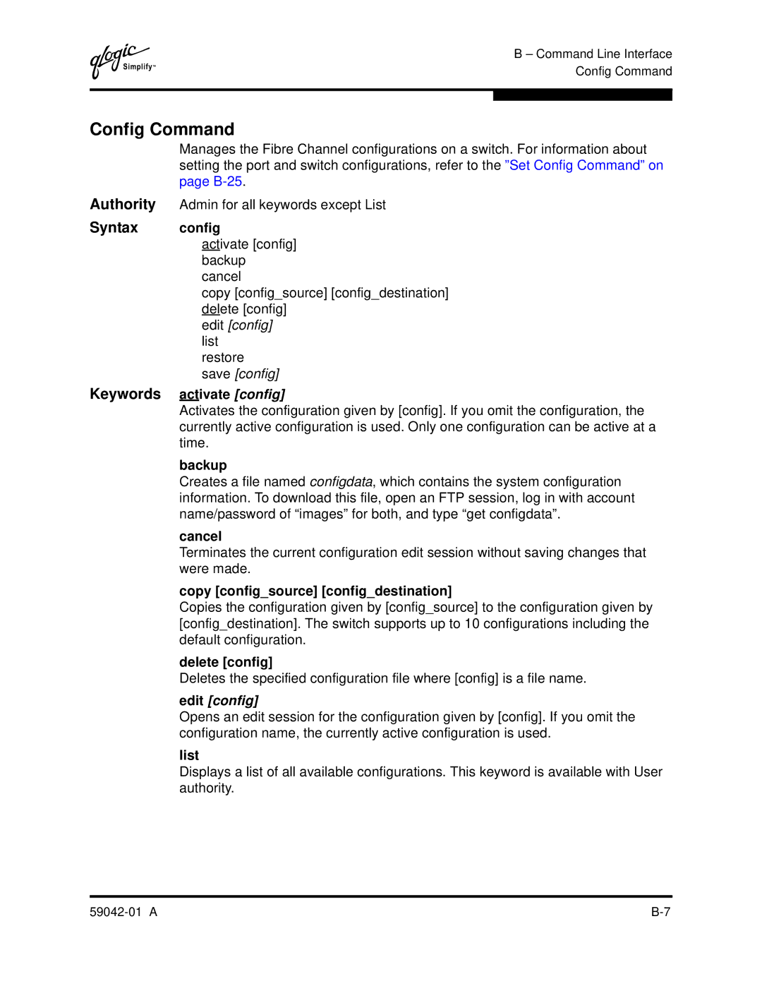 Q-Logic 8C manual Config Command, Syntax config, Keywords activate config, Edit config 