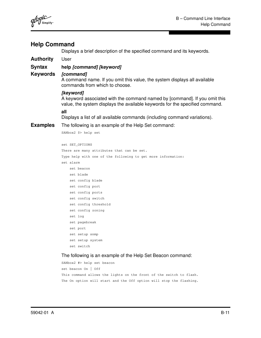 Q-Logic 8C manual Help Command, Help command keyword, Keyword, All 