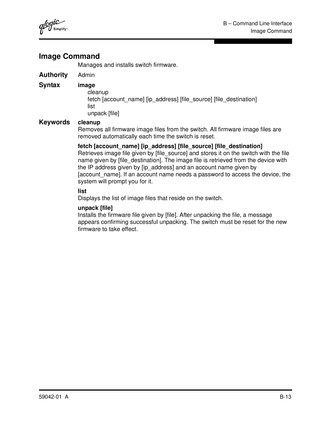 Q-Logic 8C manual Image Command, Authority Admin Syntax image cleanup, Keywords cleanup, Unpack file 