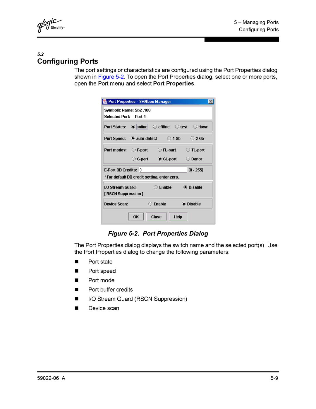 Q-Logic 8C/16 manual Configuring Ports, Port Properties Dialog 