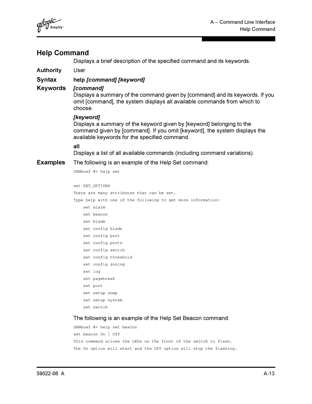 Q-Logic 8C/16 manual Help Command, Keywords command, Syntax help command keyword 