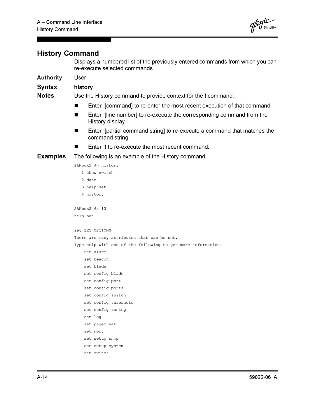 Q-Logic 8C/16 manual History Command, Syntax history 