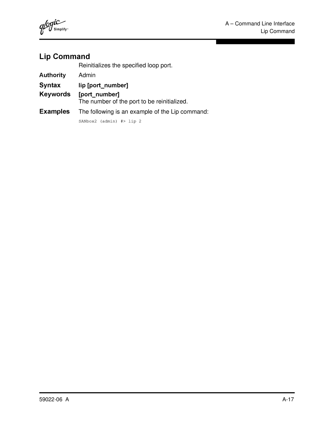 Q-Logic 8C/16 manual Lip Command, Reinitializes the specified loop port 