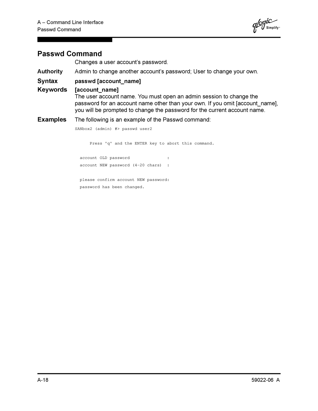 Q-Logic 8C/16 manual Passwd Command, Syntax passwd accountname Keywords accountname 