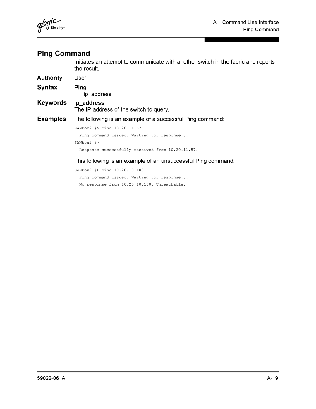 Q-Logic 8C/16 manual Ping Command, Syntax Ping, Ipaddress, Keywords ipaddress 