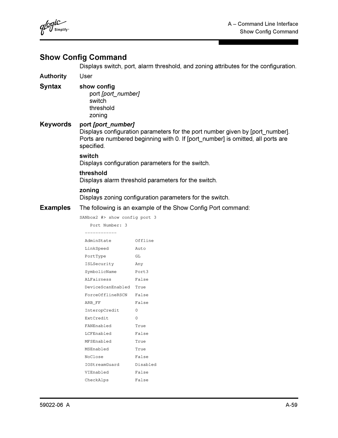 Q-Logic 8C/16 manual Show Config Command, Show config 