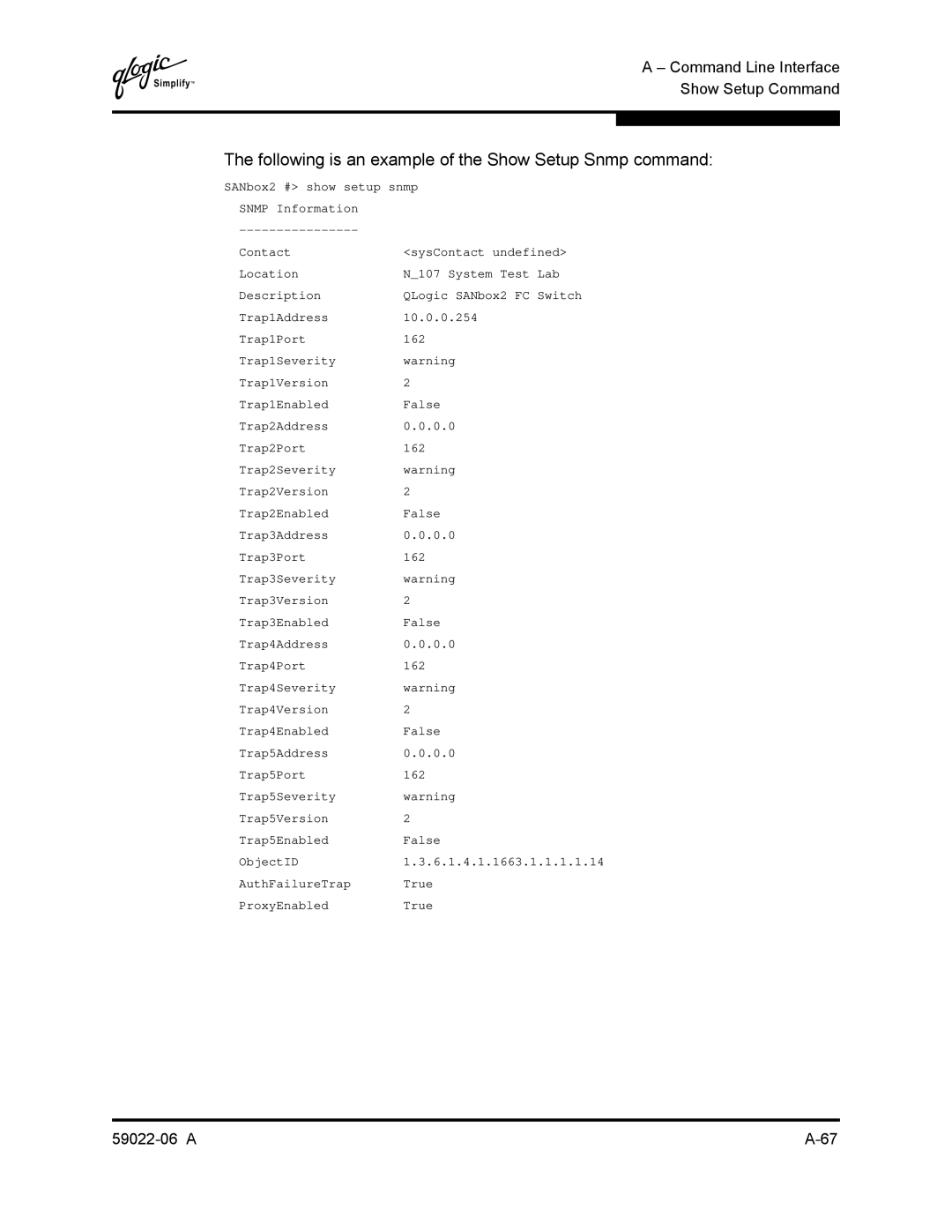 Q-Logic 8C/16 manual Following is an example of the Show Setup Snmp command 