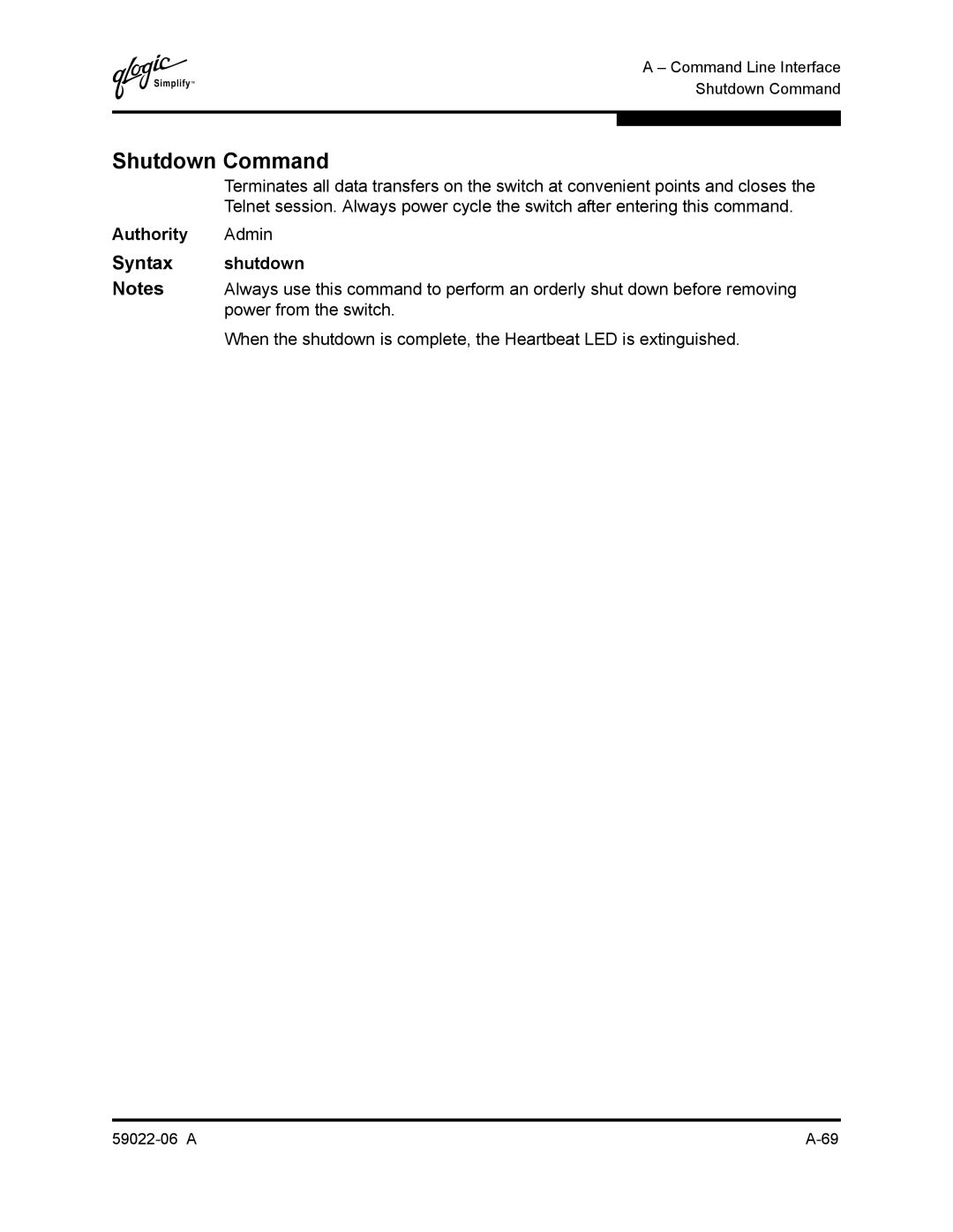 Q-Logic 8C/16 manual Shutdown Command, Authority Admin Syntax shutdown 