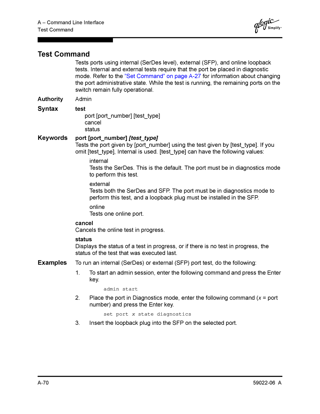 Q-Logic 8C/16 manual Test Command, Syntax test, Keywords port portnumber testtype, Status 