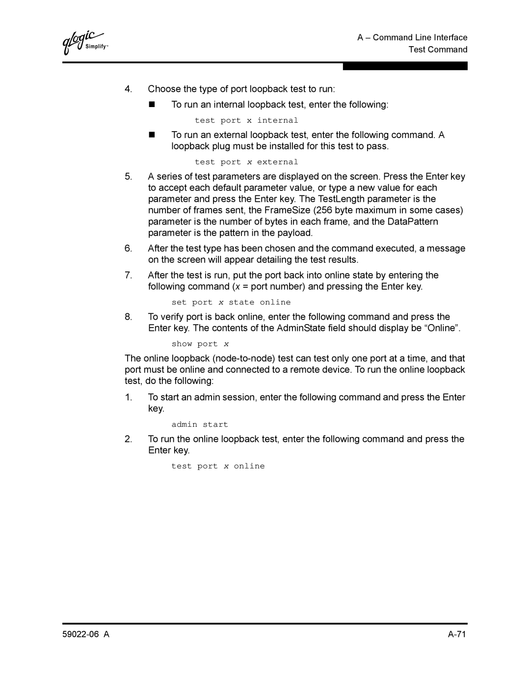 Q-Logic 8C/16 manual Test port x internal 