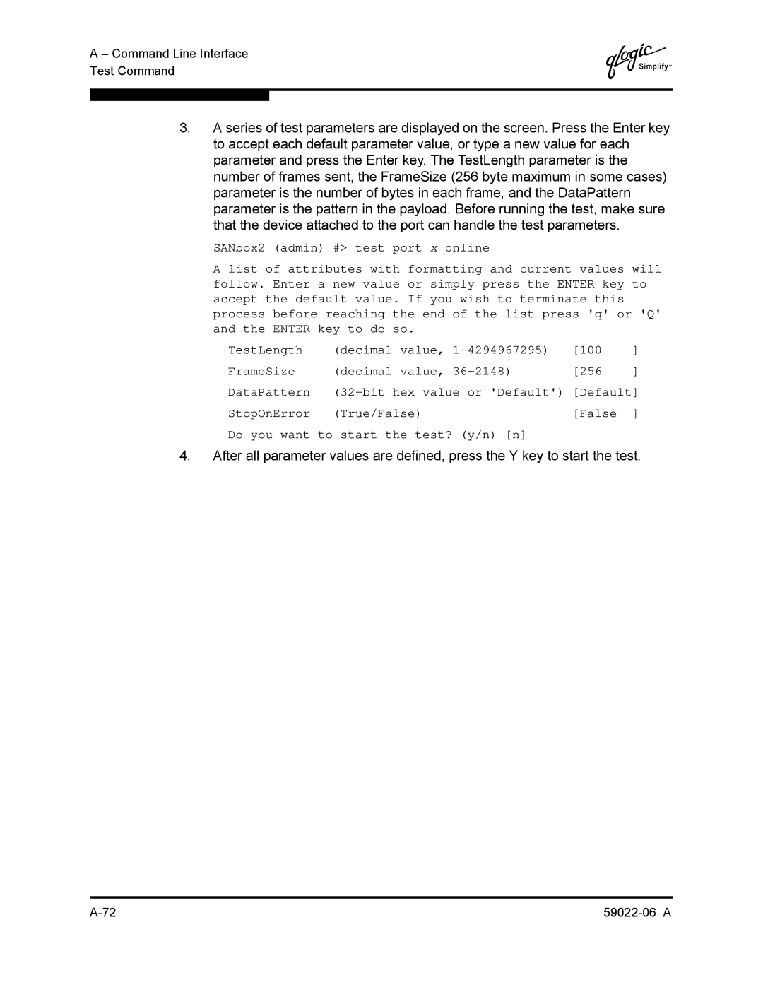 Q-Logic 8C/16 manual Command Line Interface Test Command 