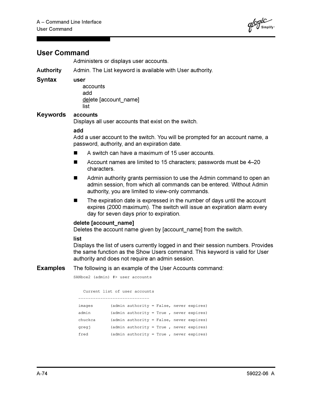 Q-Logic 8C/16 manual User Command, Keywords accounts, Displays all user accounts that exist on the switch, Add 