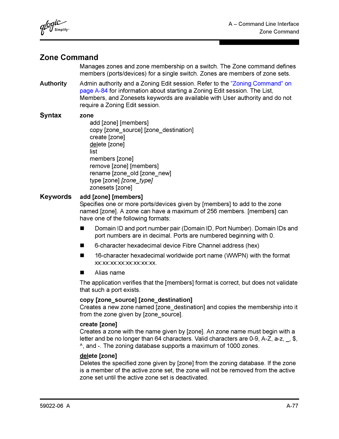 Q-Logic 8C/16 manual Zone Command, Syntax zone 