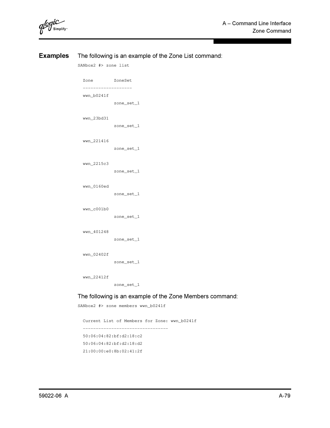 Q-Logic 8C/16 manual Following is an example of the Zone Members command 