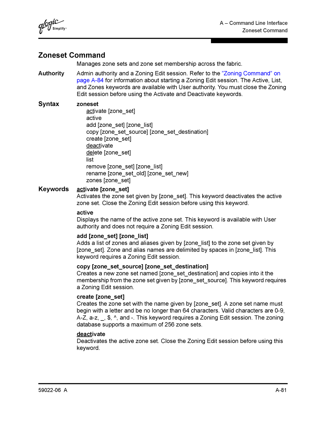 Q-Logic 8C/16 manual Zoneset Command, Syntax zoneset 