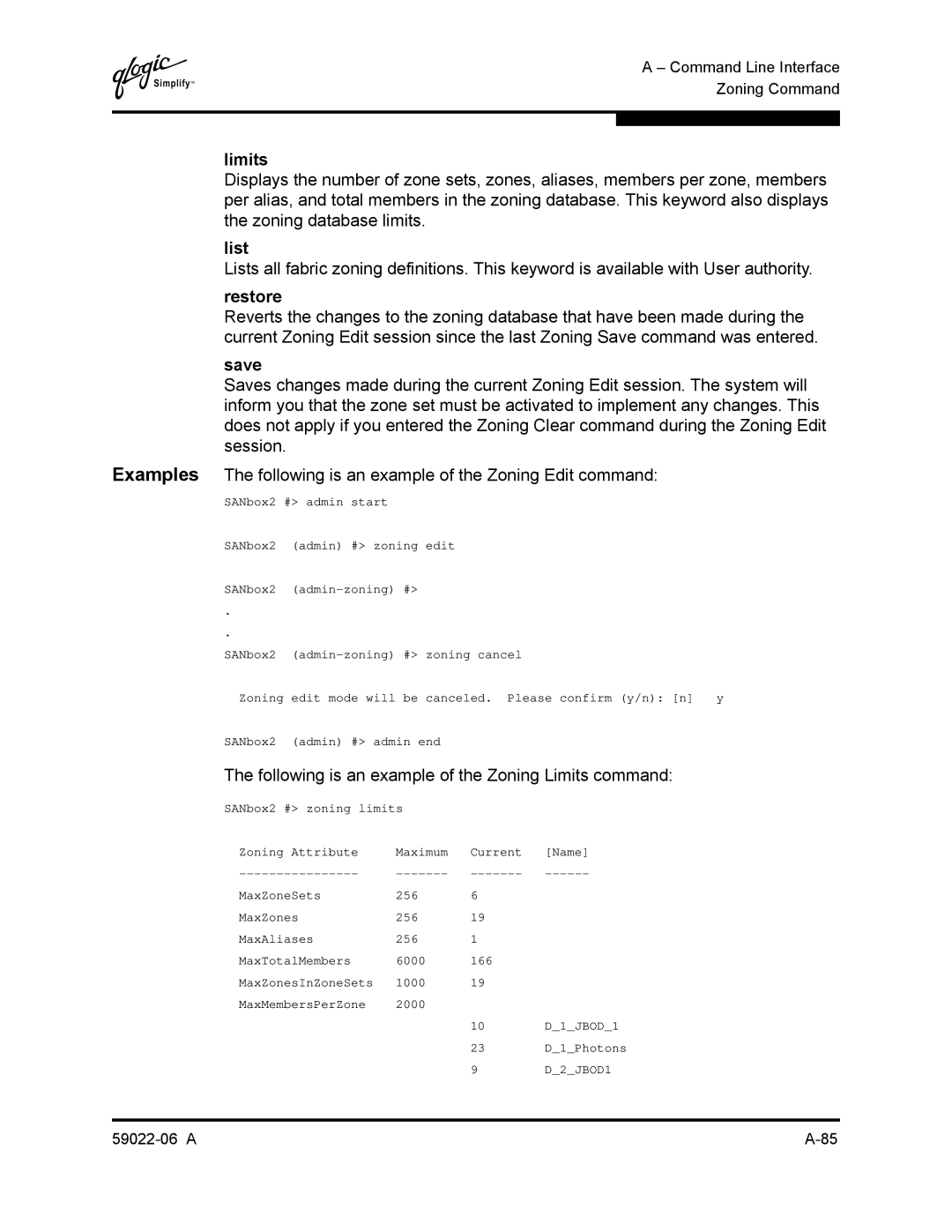 Q-Logic 8C/16 manual Following is an example of the Zoning Limits command 