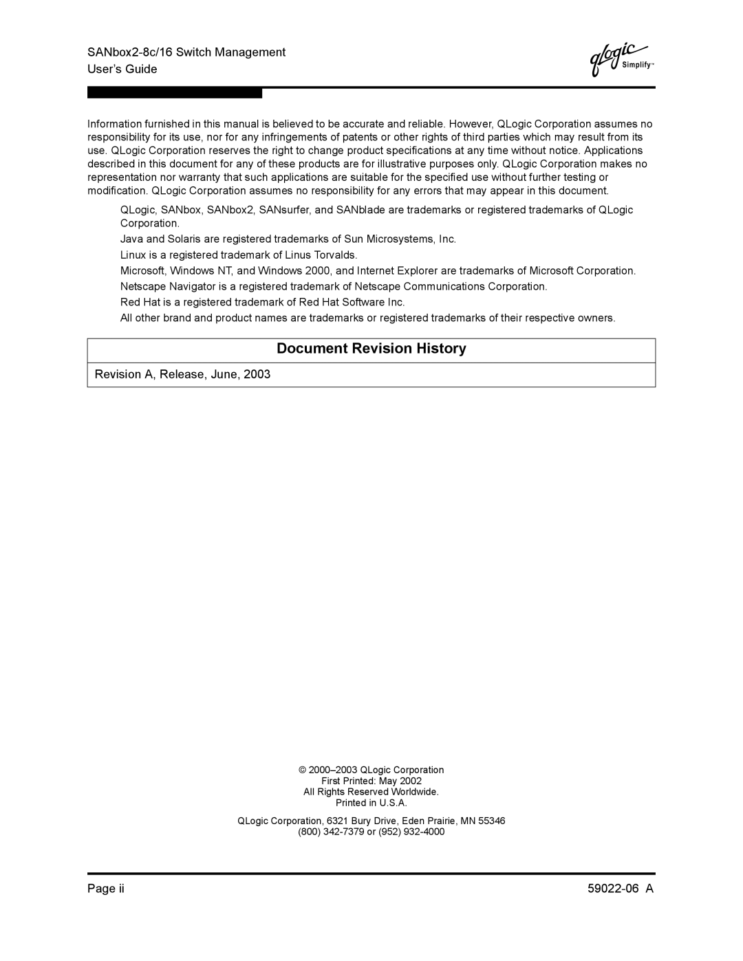 Q-Logic 8C/16 manual Document Revision History, SANbox2-8c/16 Switch Management User’s Guide 