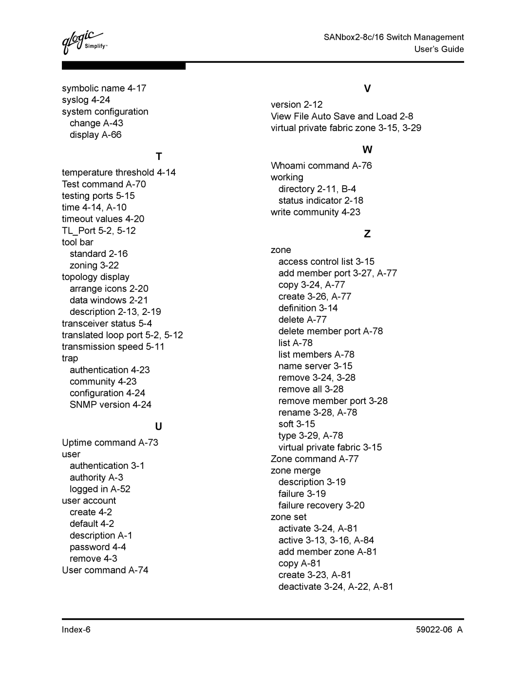 Q-Logic 8C/16 manual Index-6 59022-06 a 