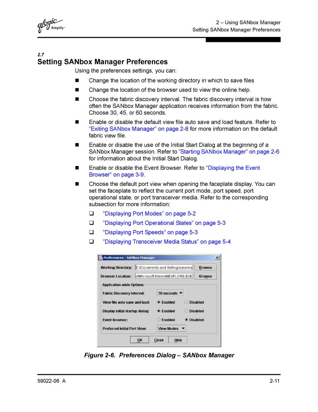 Q-Logic 8C/16 manual Setting SANbox Manager Preferences, Preferences Dialog SANbox Manager 