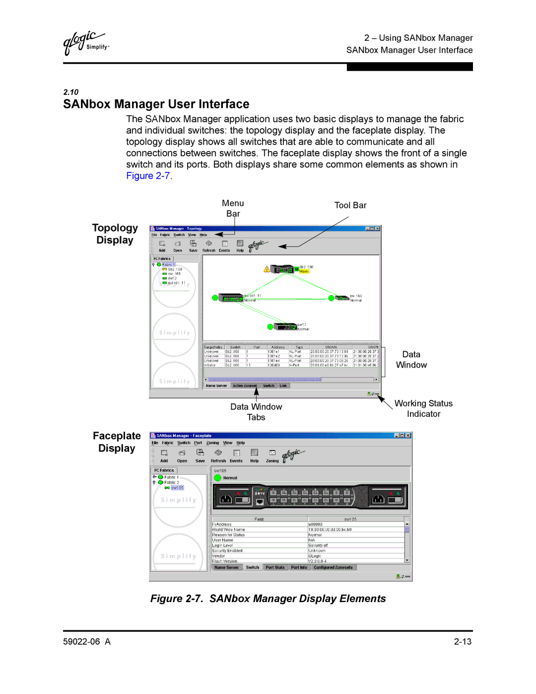 Q-Logic 8C/16 manual SANbox Manager User Interface, Topology Display, Faceplate Display 