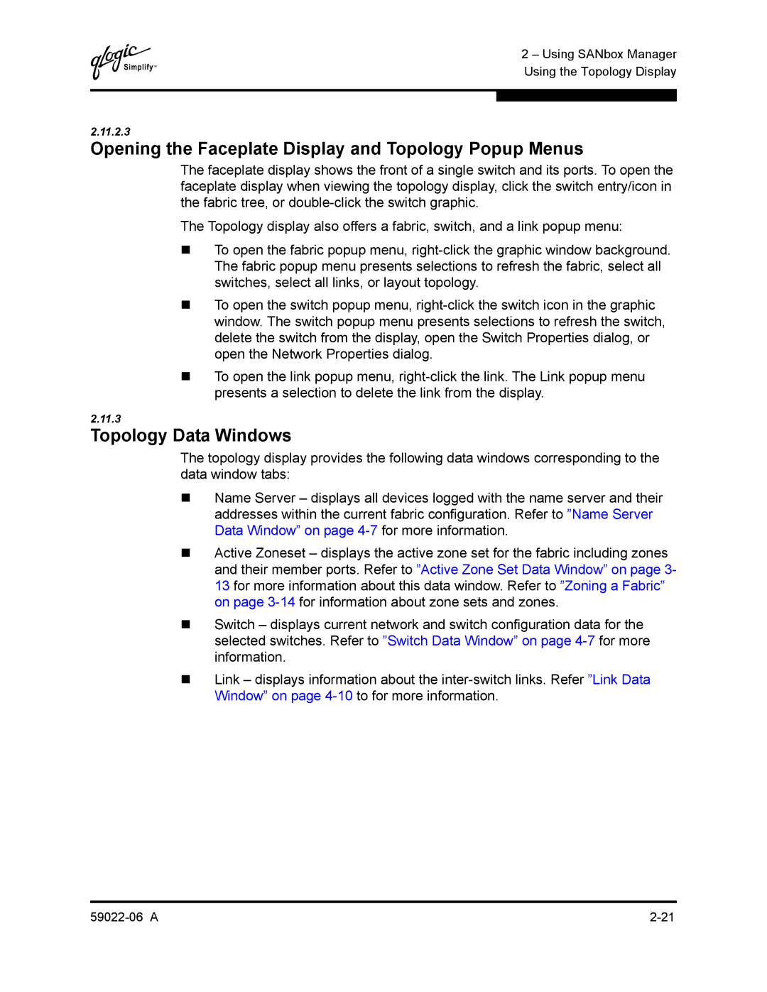 Q-Logic 8C/16 manual Opening the Faceplate Display and Topology Popup Menus, Topology Data Windows 