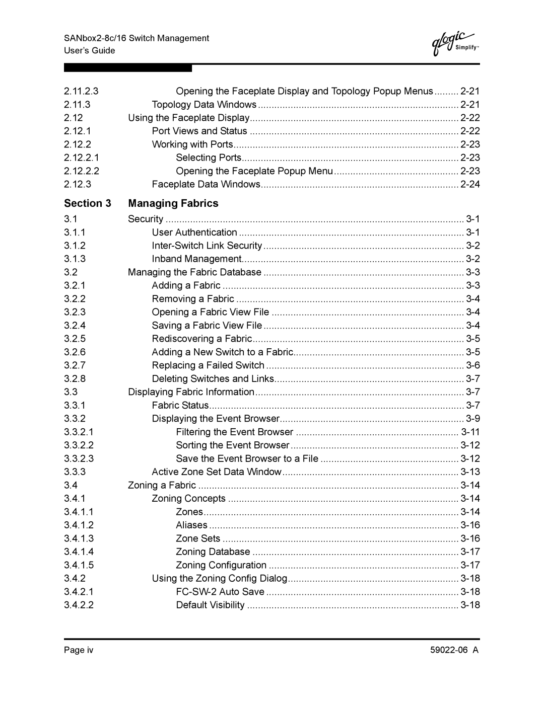 Q-Logic 8C/16 manual Section Managing Fabrics 