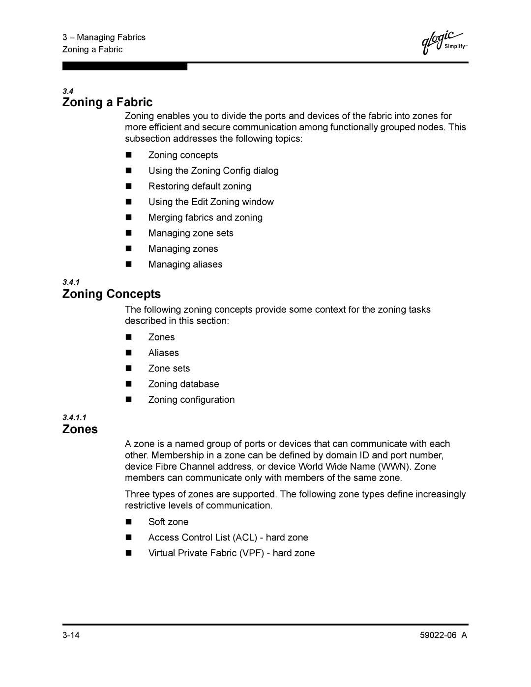 Q-Logic 8C/16 manual Zoning a Fabric, Zoning Concepts, Zones 