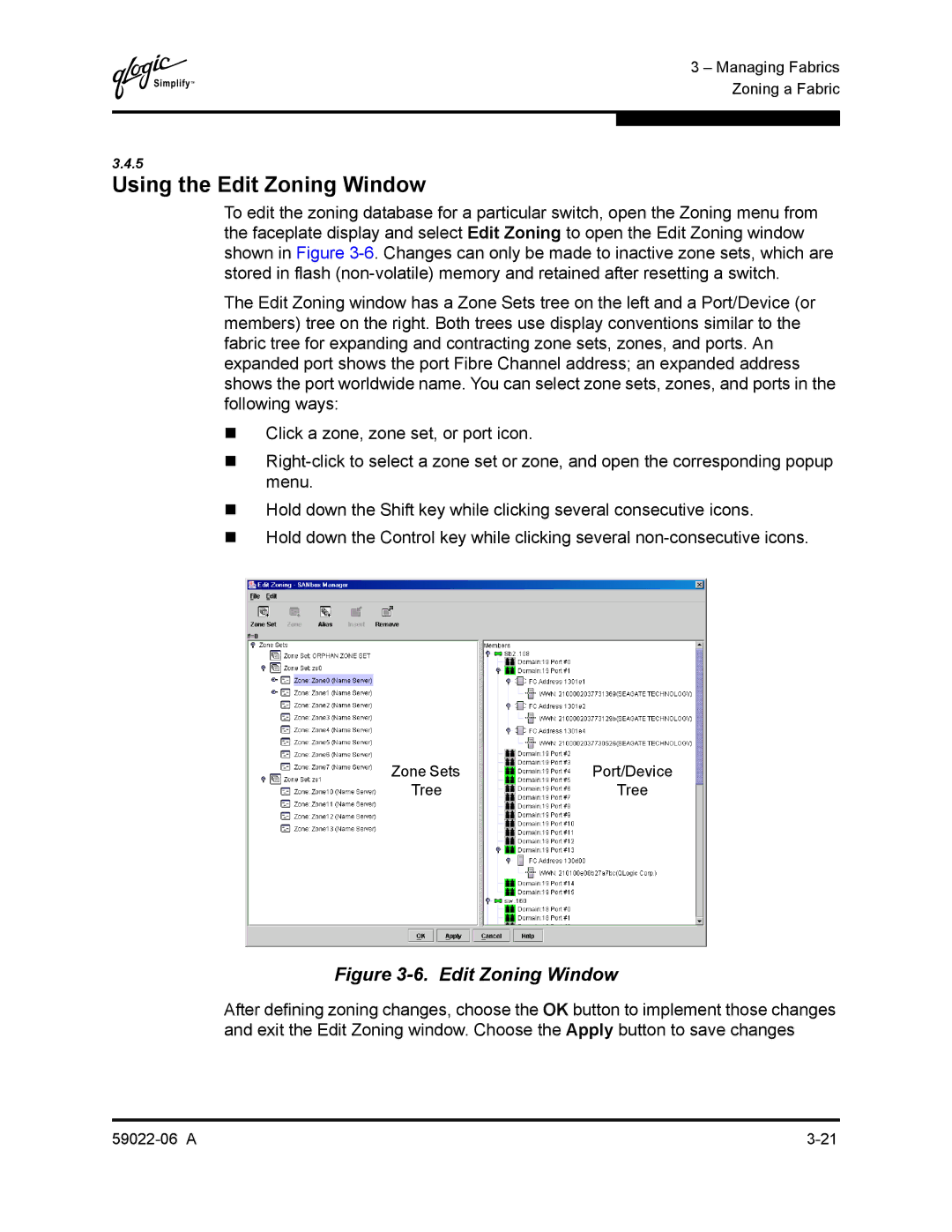 Q-Logic 8C/16 manual Using the Edit Zoning Window 