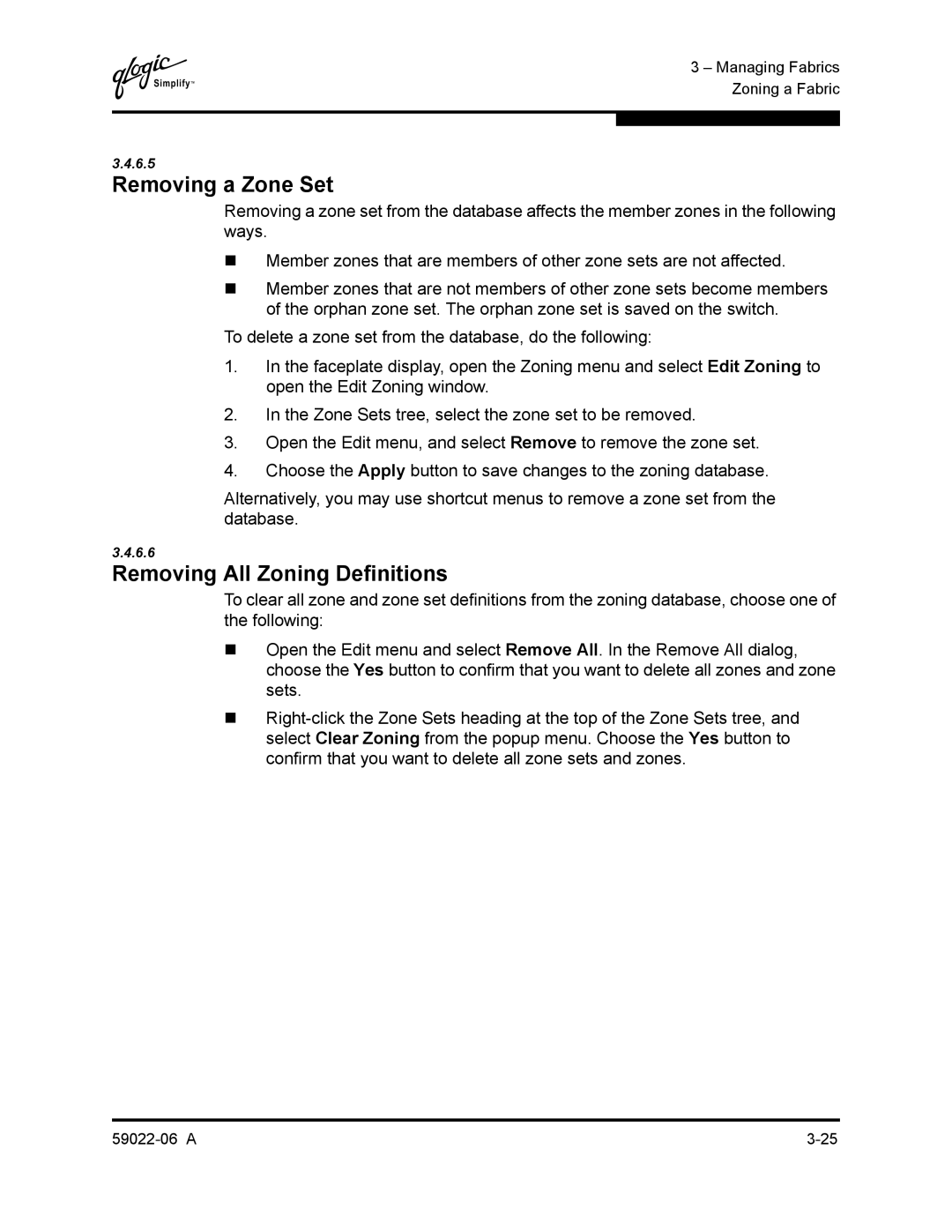 Q-Logic 8C/16 manual Removing a Zone Set, Removing All Zoning Definitions 