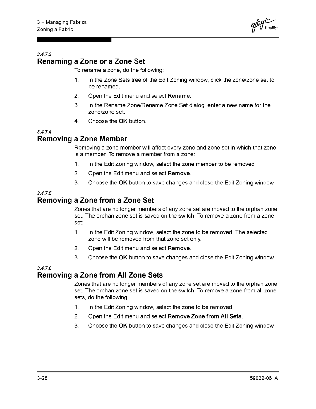 Q-Logic 8C/16 manual Renaming a Zone or a Zone Set, Removing a Zone Member, Removing a Zone from a Zone Set 