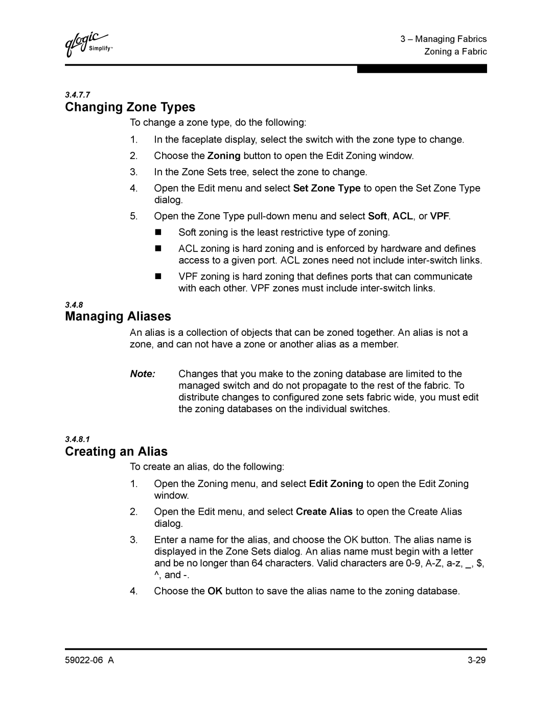 Q-Logic 8C/16 manual Changing Zone Types, Managing Aliases, Creating an Alias 