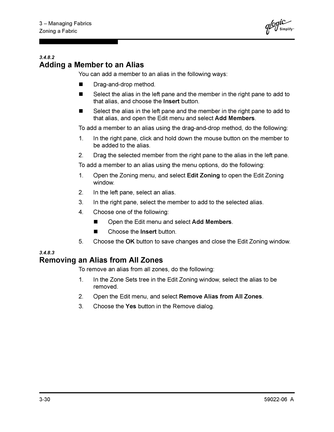 Q-Logic 8C/16 manual Adding a Member to an Alias, Removing an Alias from All Zones 