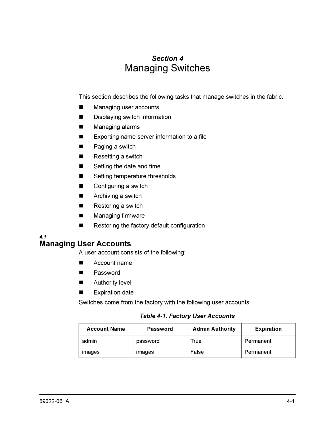 Q-Logic 8C/16 manual Managing User Accounts, Factory User Accounts, Account Name Password Admin Authority Expiration 