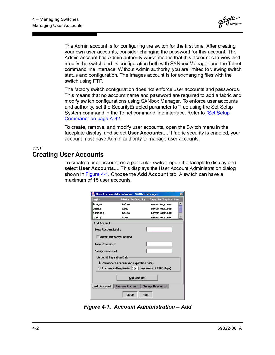 Q-Logic 8C/16 manual Creating User Accounts, Account Administration Add 