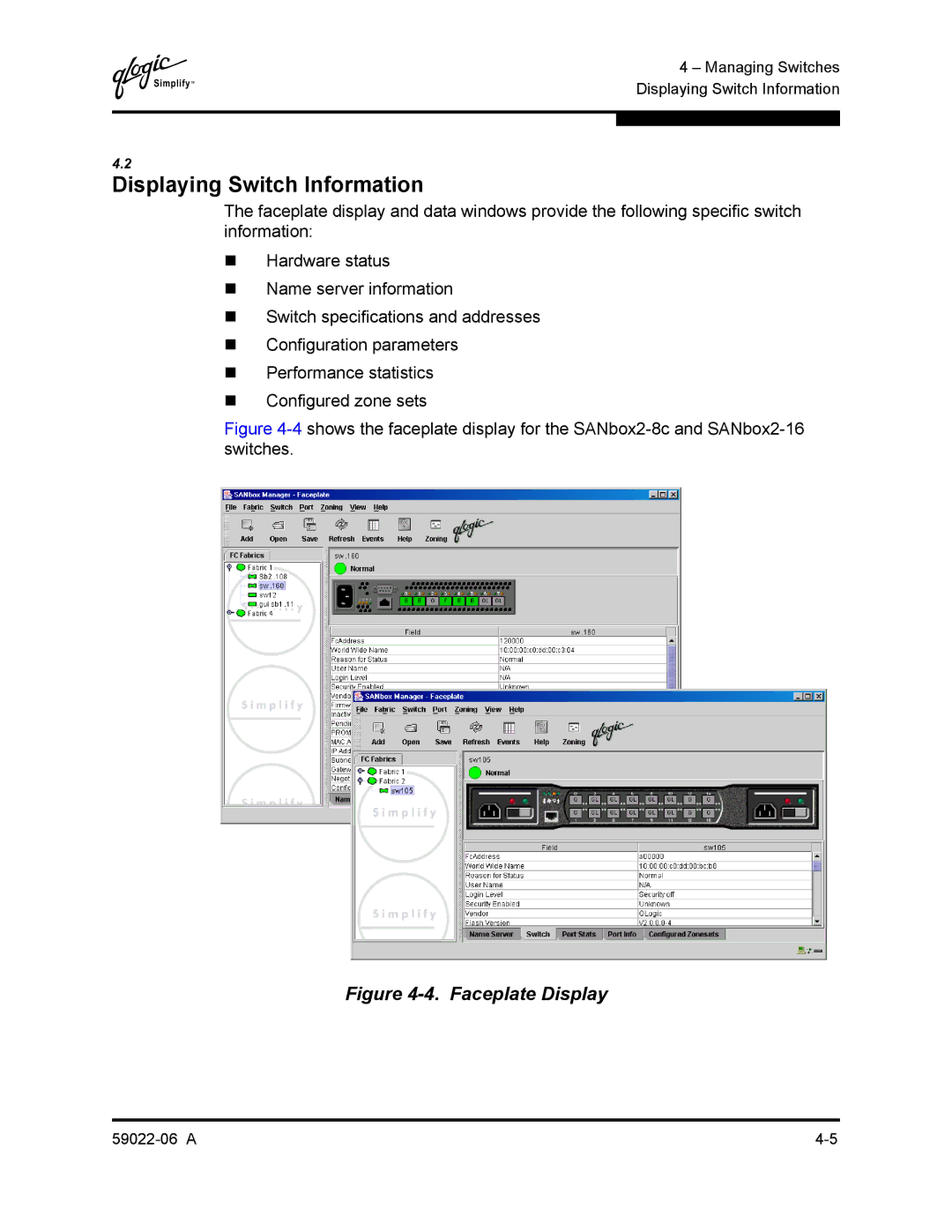 Q-Logic 8C/16 manual Displaying Switch Information, Faceplate Display 