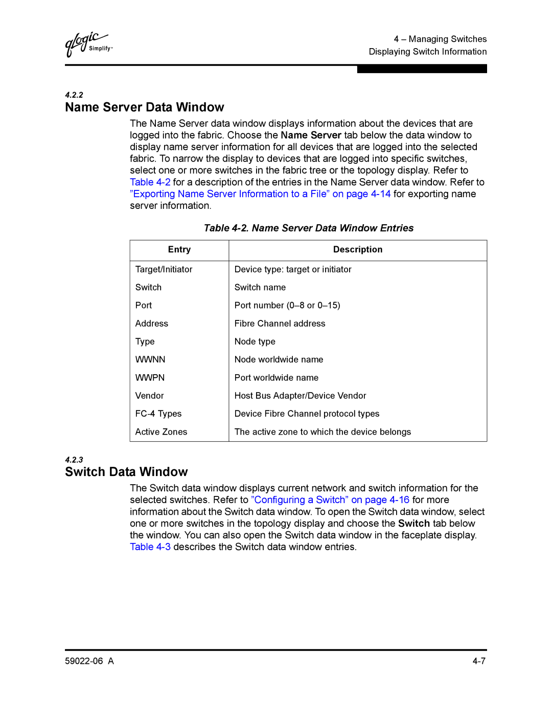 Q-Logic 8C/16 manual Switch Data Window, Name Server Data Window Entries, Entry Description 