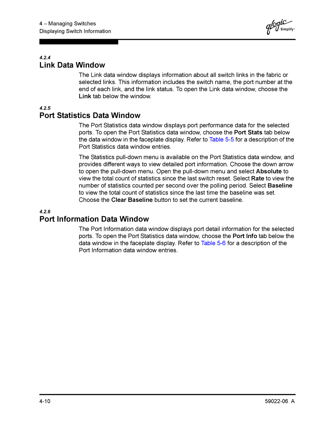 Q-Logic 8C/16 manual Link Data Window, Port Statistics Data Window, Port Information Data Window 