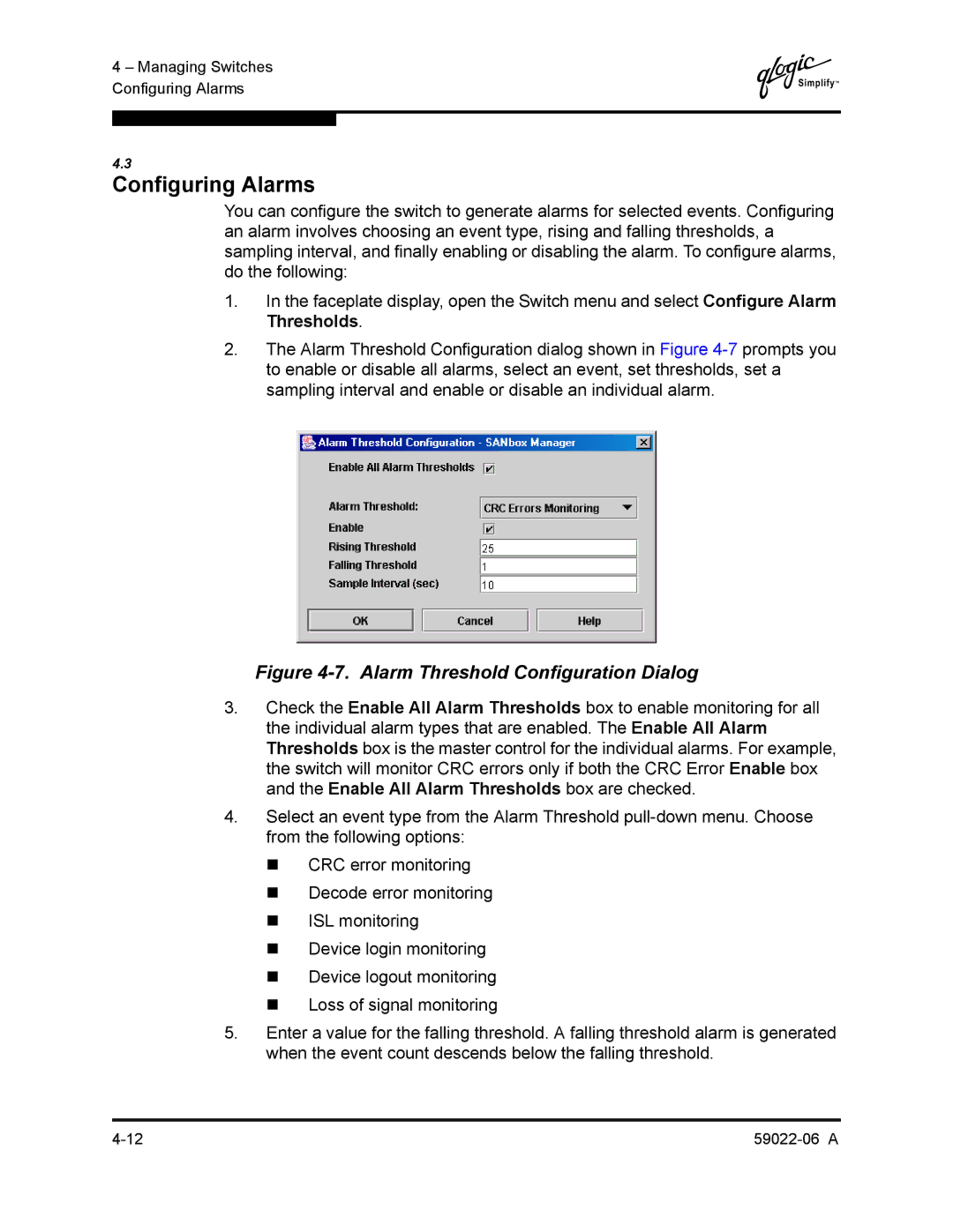 Q-Logic 8C/16 manual Configuring Alarms, Alarm Threshold Configuration Dialog 