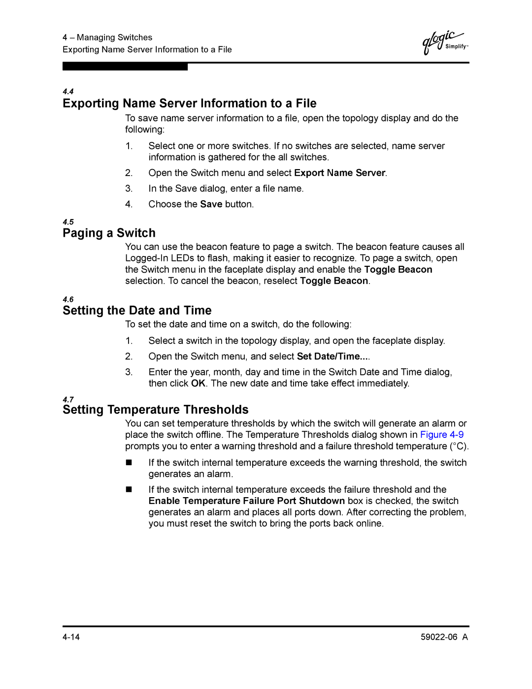 Q-Logic 8C/16 manual Exporting Name Server Information to a File, Paging a Switch, Setting the Date and Time 