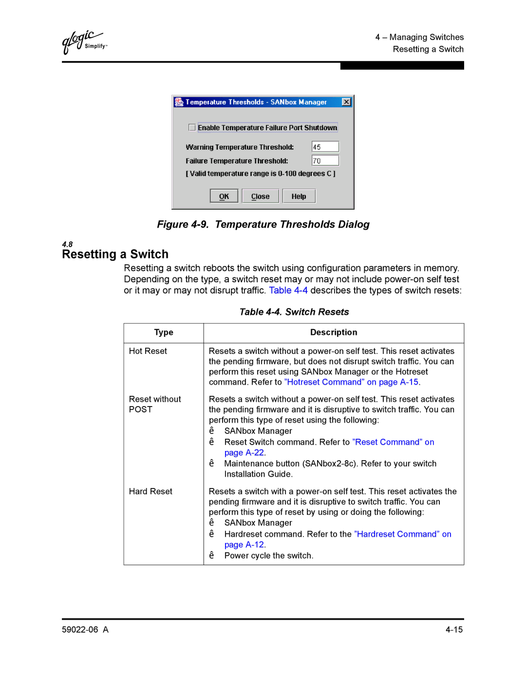 Q-Logic 8C/16 manual Resetting a Switch, Switch Resets, Type Description 