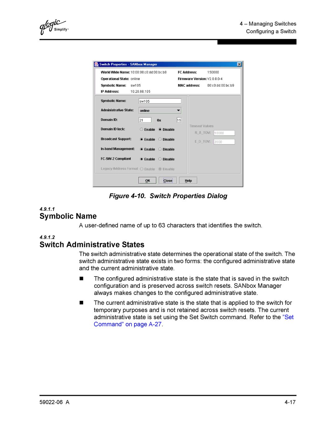 Q-Logic 8C/16 manual Symbolic Name, Switch Administrative States 