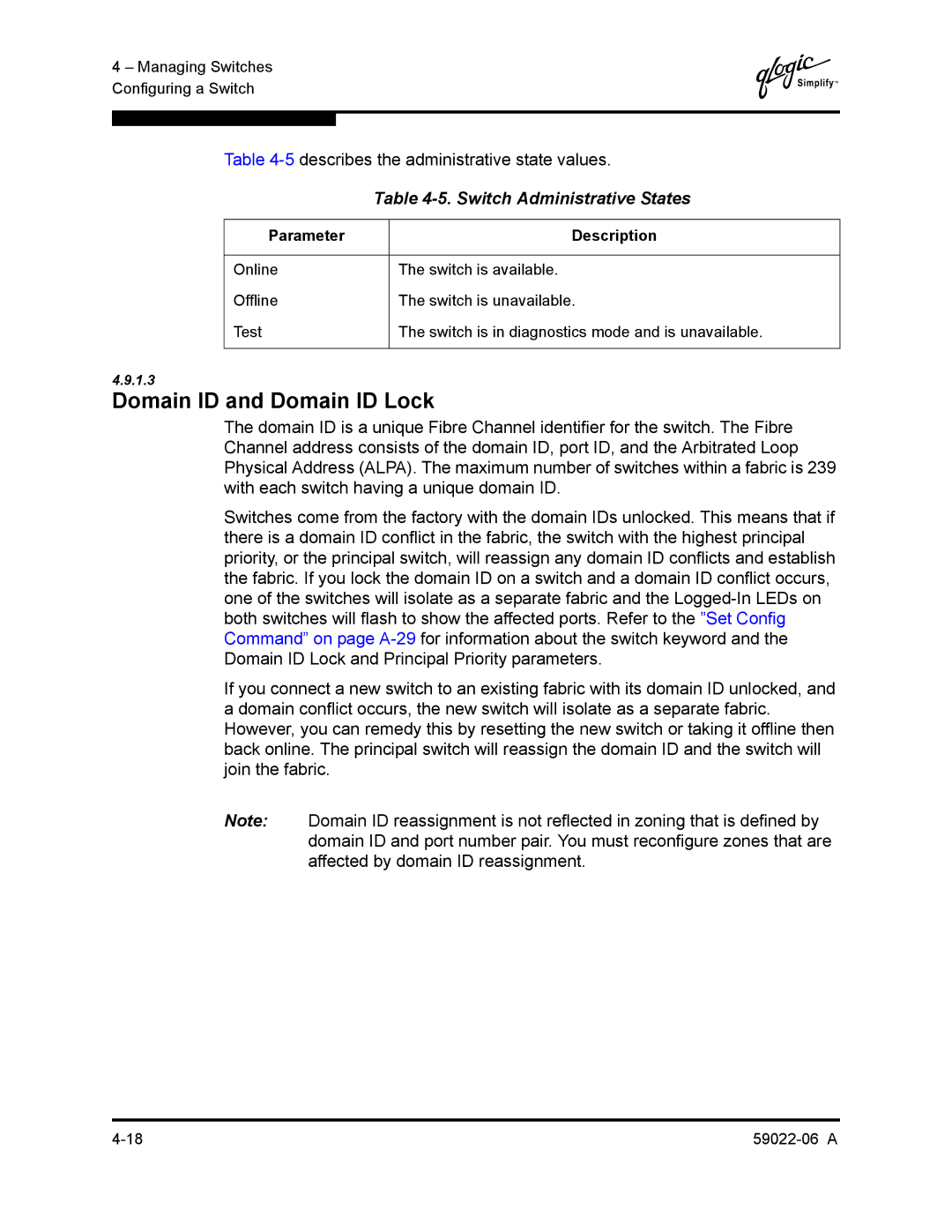 Q-Logic 8C/16 manual Domain ID and Domain ID Lock, 5describes the administrative state values, Switch Administrative States 