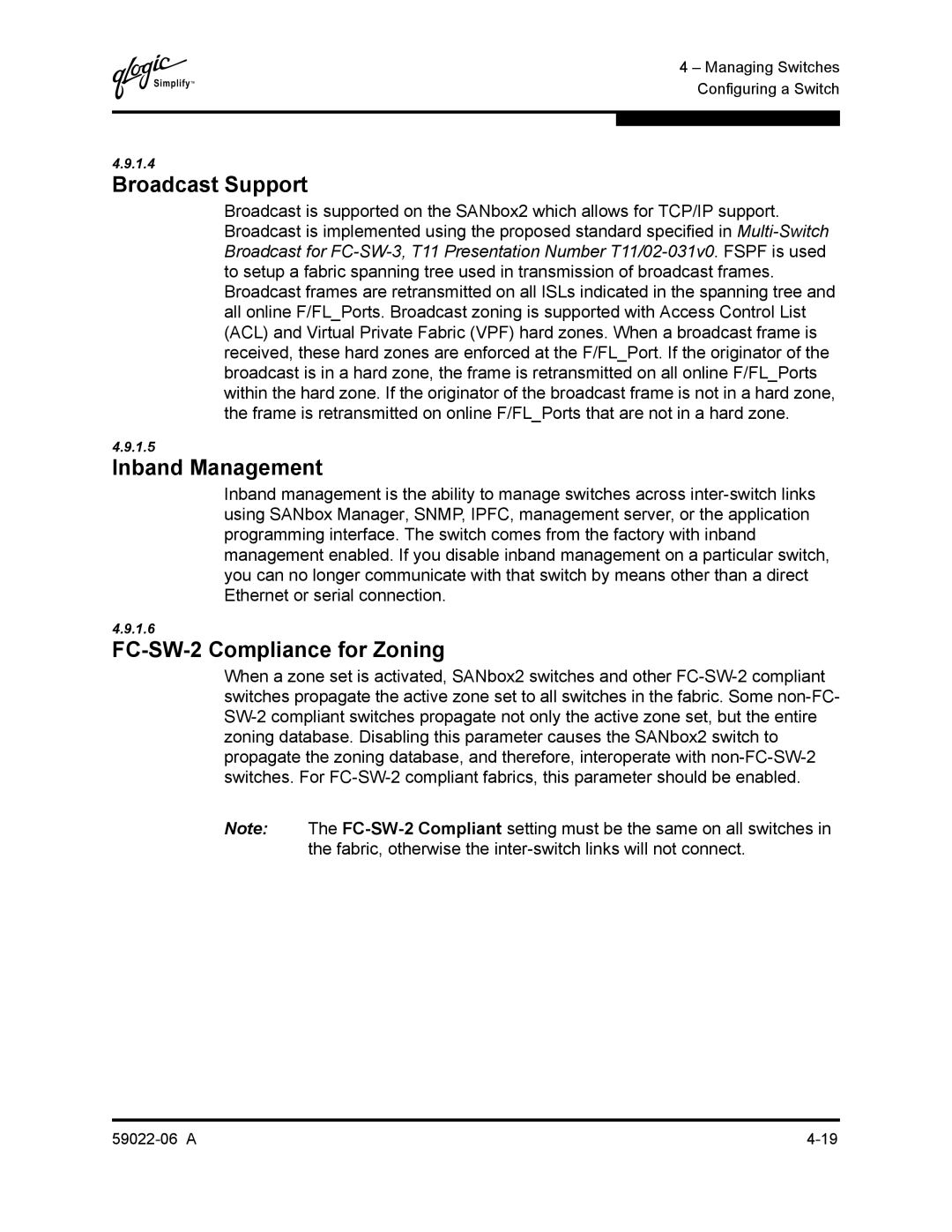 Q-Logic 8C/16 manual Broadcast Support, FC-SW-2 Compliance for Zoning 