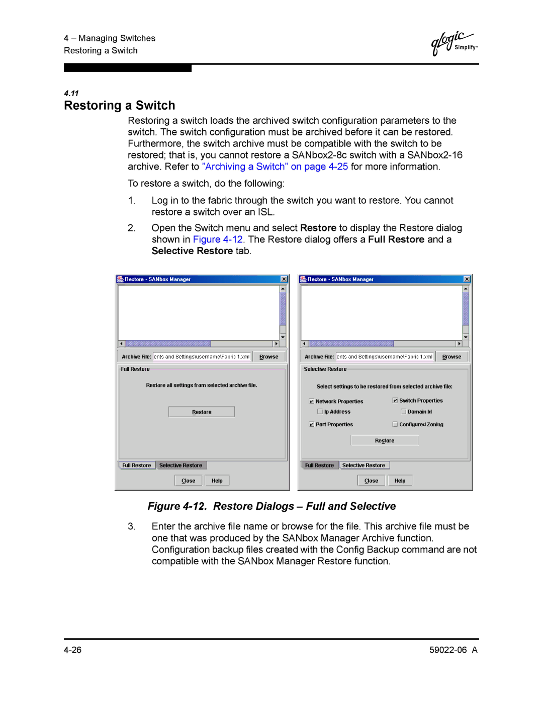 Q-Logic 8C/16 manual Restoring a Switch, Restore Dialogs Full and Selective 